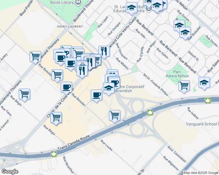 map of restaurants, bars, coffee shops, grocery stores, and more near in Montreal