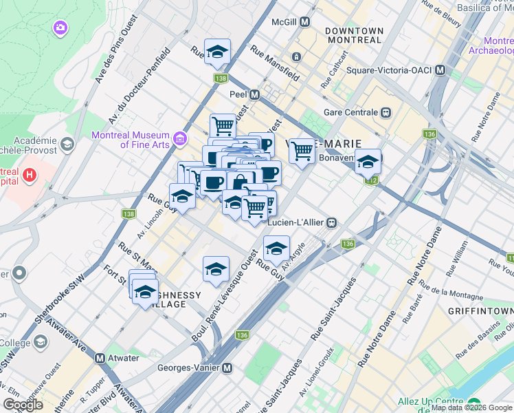 map of restaurants, bars, coffee shops, grocery stores, and more near 1199 Rue Bishop in Montrã©Al