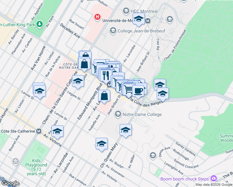 map of restaurants, bars, coffee shops, grocery stores, and more near 5300 Chemin de la Côte-des-Neiges in Montréal