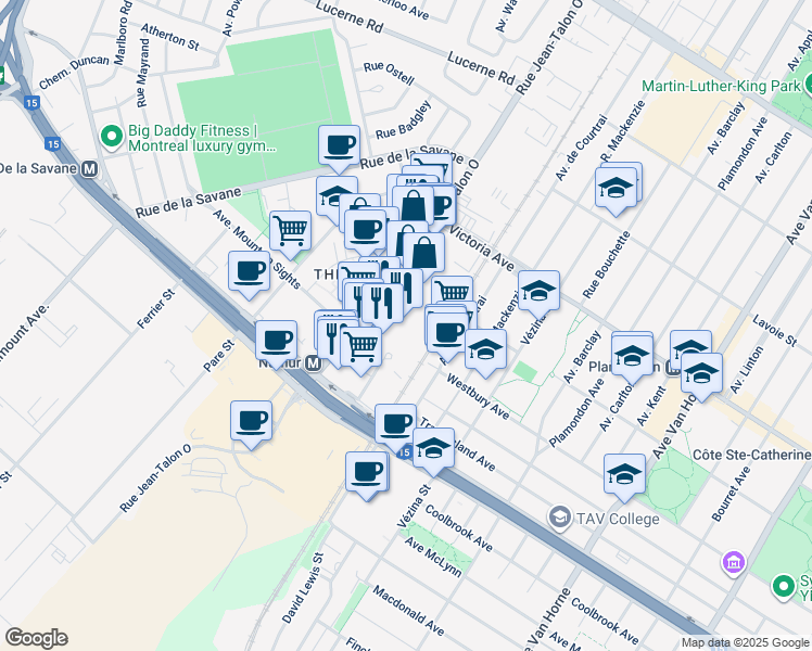 map of restaurants, bars, coffee shops, grocery stores, and more near in Montreal