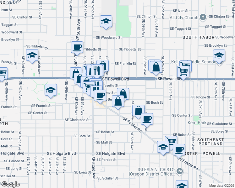map of restaurants, bars, coffee shops, grocery stores, and more near 5528 Southeast Rhone Street in Portland