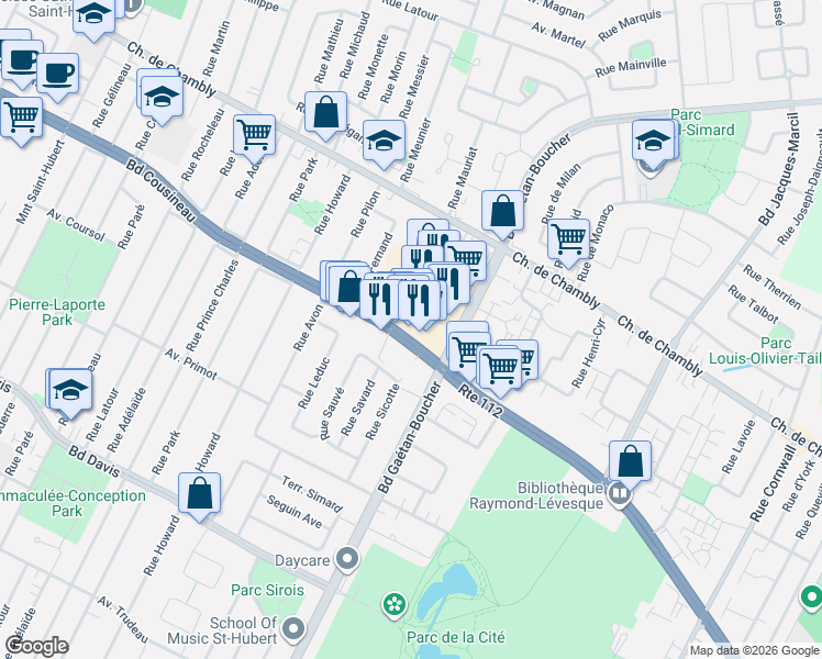map of restaurants, bars, coffee shops, grocery stores, and more near 5962 Boulevard Cousineau in Longueuil