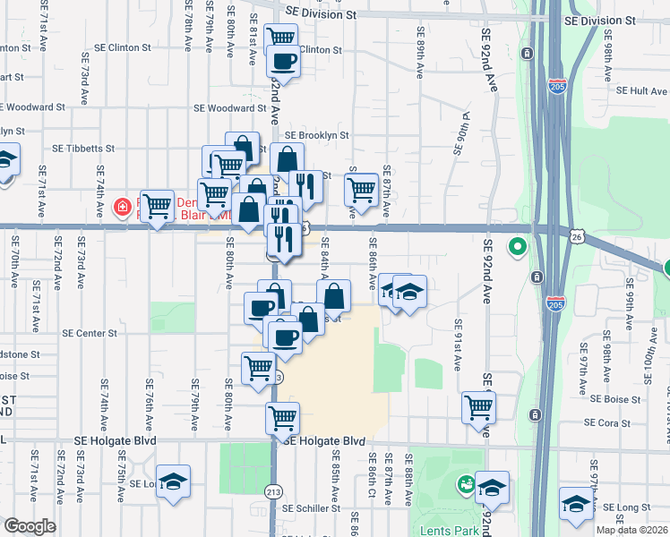 map of restaurants, bars, coffee shops, grocery stores, and more near 8420 Southeast Lafayette Street in Portland