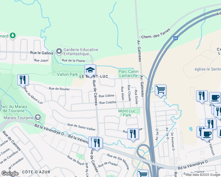 map of restaurants, bars, coffee shops, grocery stores, and more near 36 Rue de Maria in Gatineau