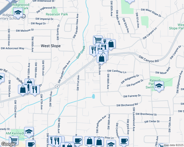 map of restaurants, bars, coffee shops, grocery stores, and more near 8880 Southwest Cashmur Lane in Portland