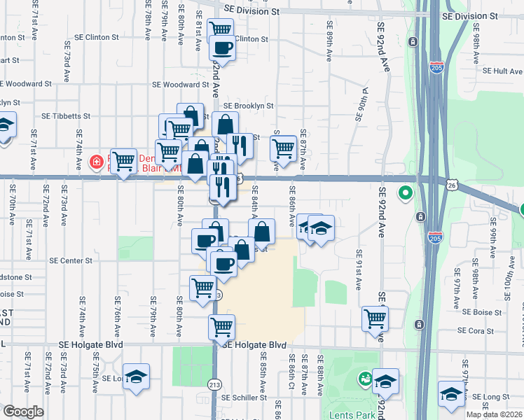 map of restaurants, bars, coffee shops, grocery stores, and more near 8420 Southeast Lafayette Street in Portland