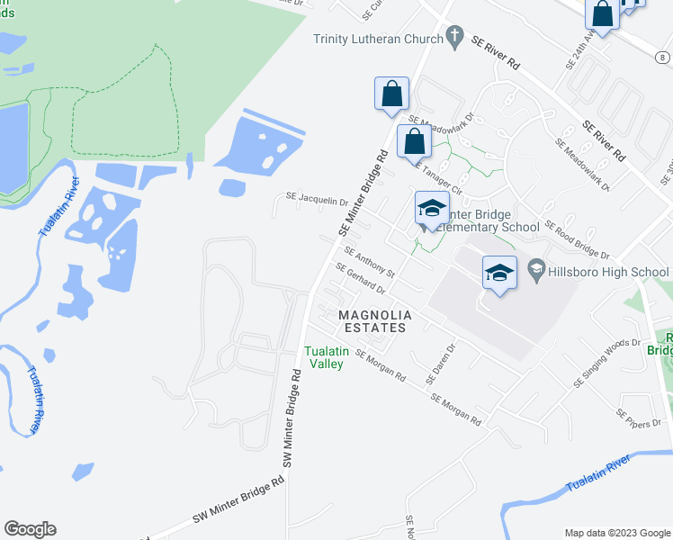 map of restaurants, bars, coffee shops, grocery stores, and more near 1434 Southeast Gerhard Drive in Hillsboro