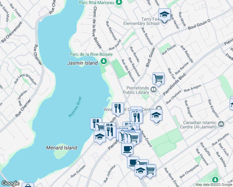 map of restaurants, bars, coffee shops, grocery stores, and more near 160 Chemin de la Rive-Boisée in Montréal