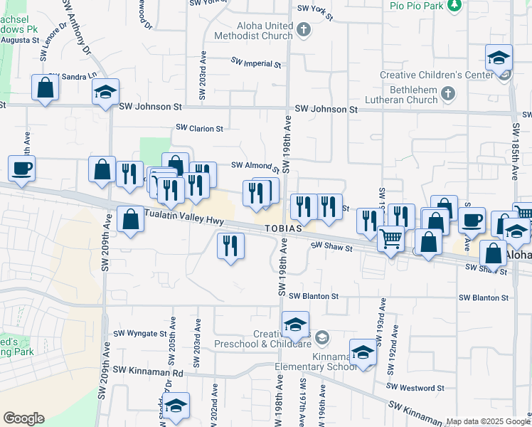 map of restaurants, bars, coffee shops, grocery stores, and more near 20010 Southwest Alexander Street in Beaverton