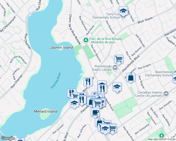 map of restaurants, bars, coffee shops, grocery stores, and more near 160 Chemin de la Rive-Boisée in Montréal