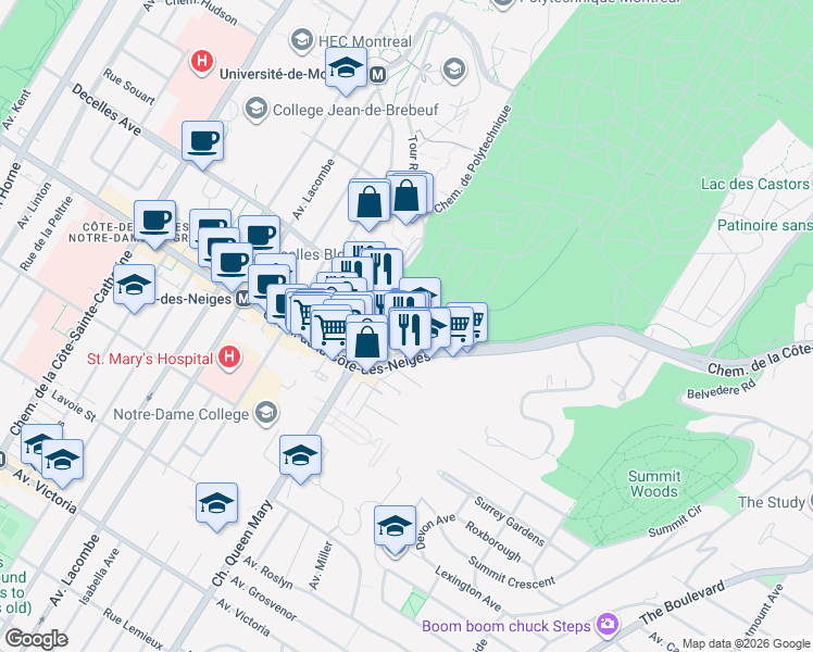 map of restaurants, bars, coffee shops, grocery stores, and more near 3300 Avenue Troie in Montréal