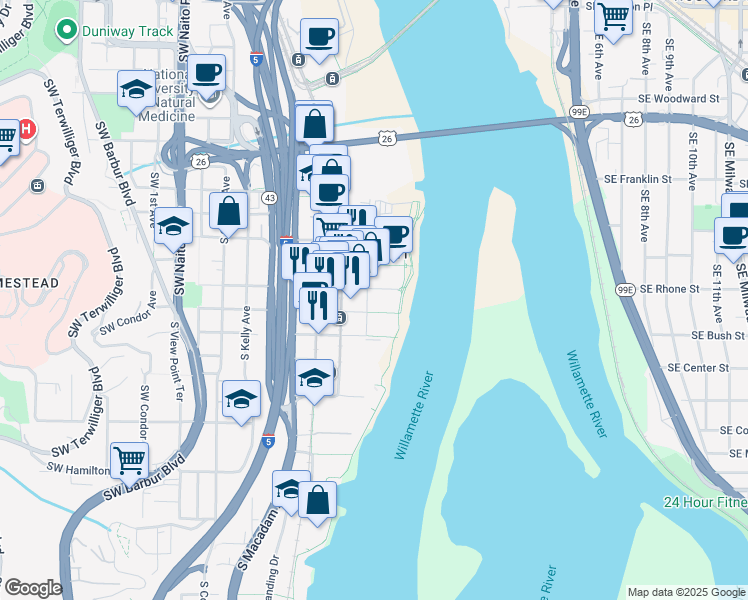 map of restaurants, bars, coffee shops, grocery stores, and more near 740 South Gaines Street in Portland