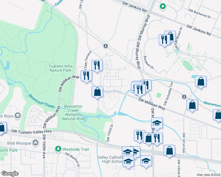 map of restaurants, bars, coffee shops, grocery stores, and more near 15025 Southwest Millikan Way in Beaverton