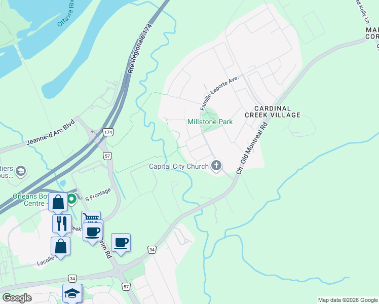 map of restaurants, bars, coffee shops, grocery stores, and more near Minoterie Ridge in Ottawa