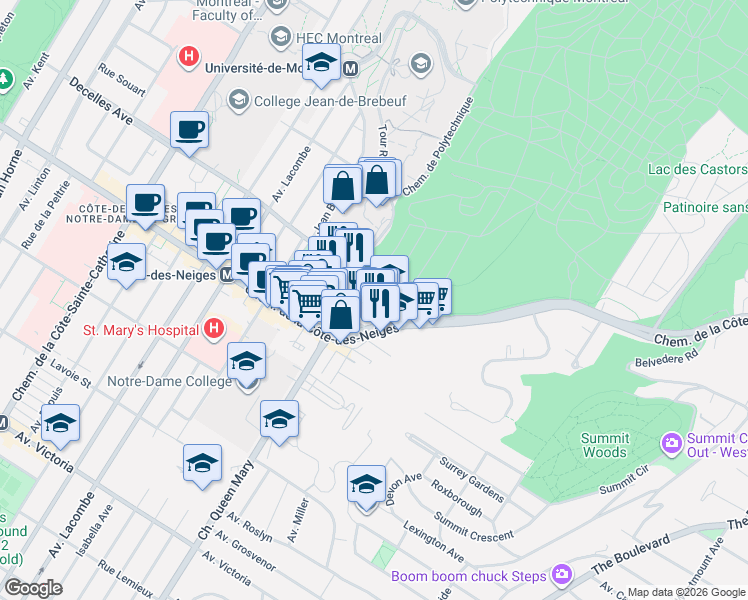 map of restaurants, bars, coffee shops, grocery stores, and more near 3300 Avenue Troie in Montréal