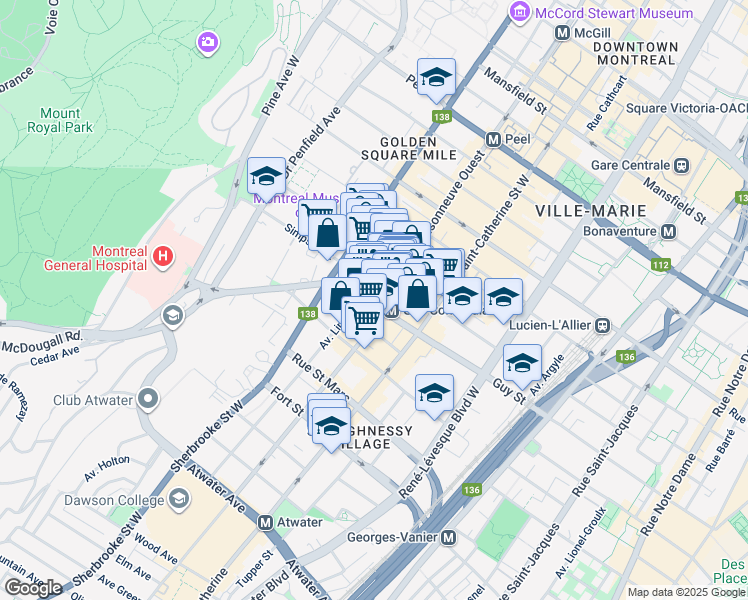 map of restaurants, bars, coffee shops, grocery stores, and more near 2085 Rue Guy in Montréal