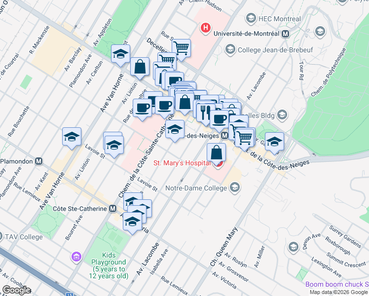 map of restaurants, bars, coffee shops, grocery stores, and more near 3841 Avenue Saint Kevin in Montreal