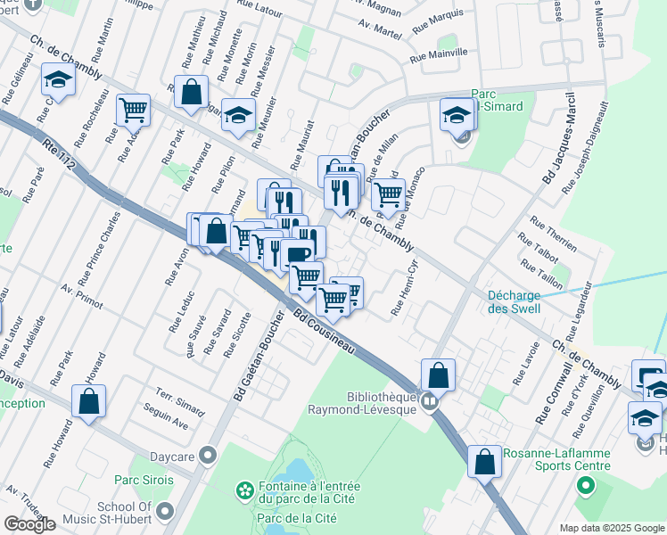 map of restaurants, bars, coffee shops, grocery stores, and more near 6110 Rue Lise Charbonneau in Longueuil