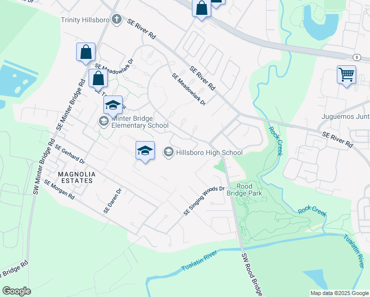 map of restaurants, bars, coffee shops, grocery stores, and more near 3187 Southeast Robin Circle in Hillsboro