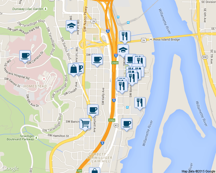 map of restaurants, bars, coffee shops, grocery stores, and more near 312 South Gaines Street in Portland