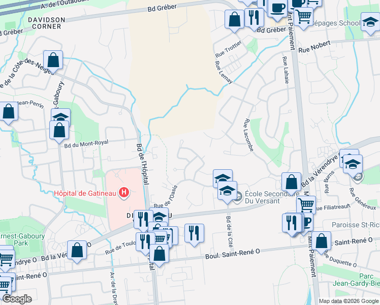 map of restaurants, bars, coffee shops, grocery stores, and more near 104 Rue des Dunes in Gatineau