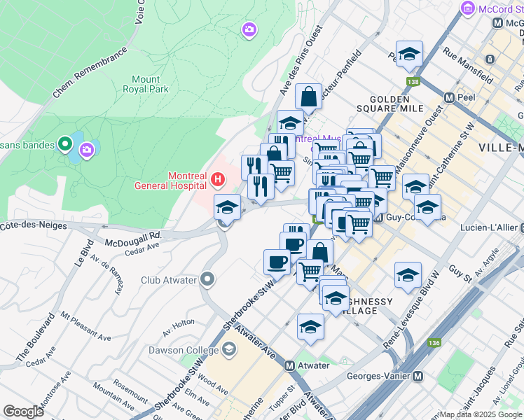 map of restaurants, bars, coffee shops, grocery stores, and more near in Montreal