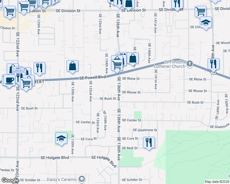 map of restaurants, bars, coffee shops, grocery stores, and more near 3569 Southeast 136th Avenue in Portland