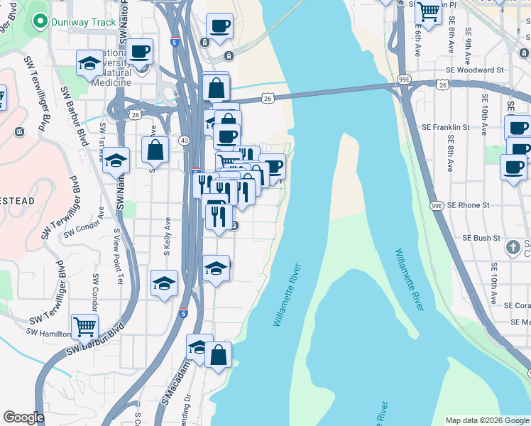 map of restaurants, bars, coffee shops, grocery stores, and more near 841 South Gaines Street in Portland
