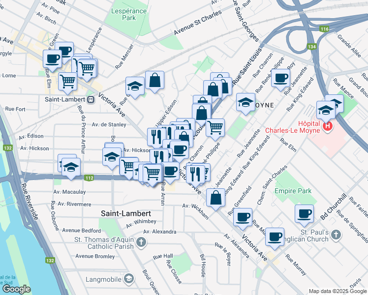 map of restaurants, bars, coffee shops, grocery stores, and more near 33 Rue Saint Louis in Longueuil
