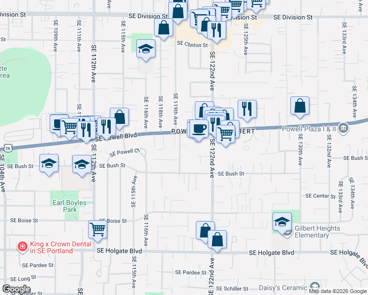 map of restaurants, bars, coffee shops, grocery stores, and more near 3527 Southeast 122nd Avenue in Portland
