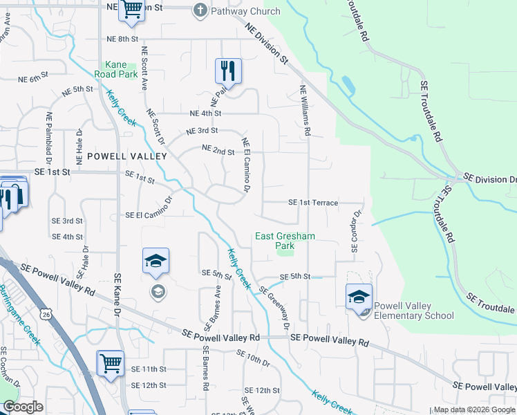 map of restaurants, bars, coffee shops, grocery stores, and more near 4215 Southeast 1st Terrace in Gresham