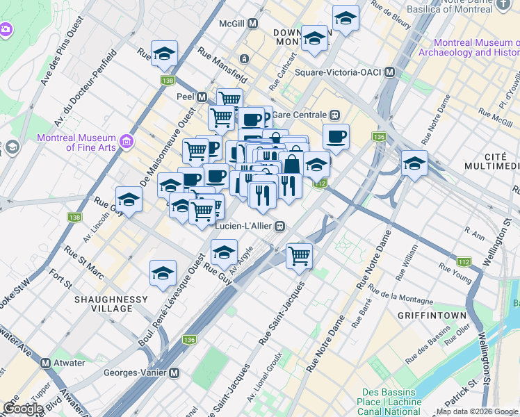 map of restaurants, bars, coffee shops, grocery stores, and more near 1020 Rue de la Montagne in Montréal