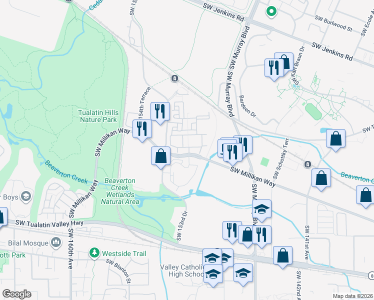 map of restaurants, bars, coffee shops, grocery stores, and more near 15021 Southwest Millikan Way in Beaverton