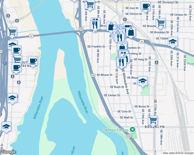 map of restaurants, bars, coffee shops, grocery stores, and more near 3715 Southeast 8th Avenue in Portland