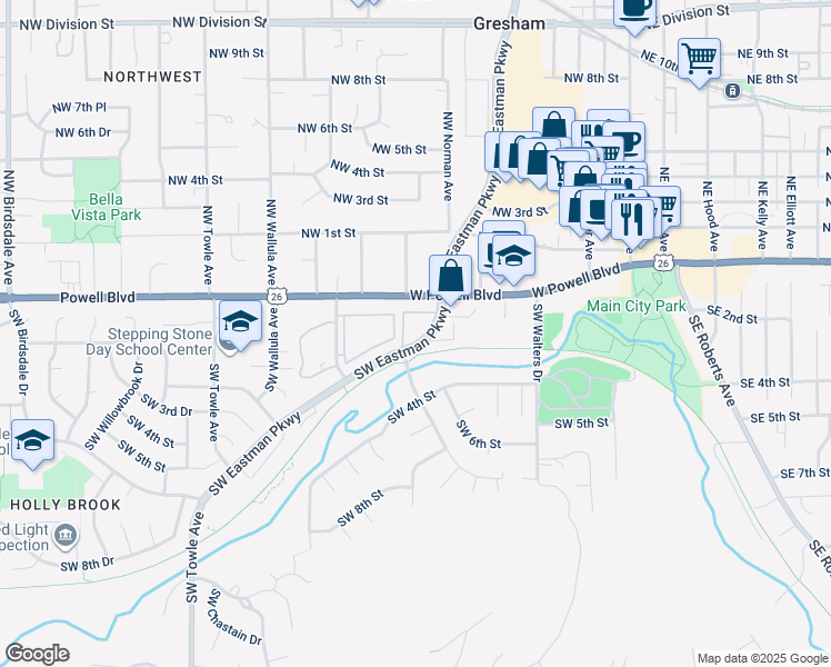 map of restaurants, bars, coffee shops, grocery stores, and more near 193 Southwest Eastman Parkway in Gresham