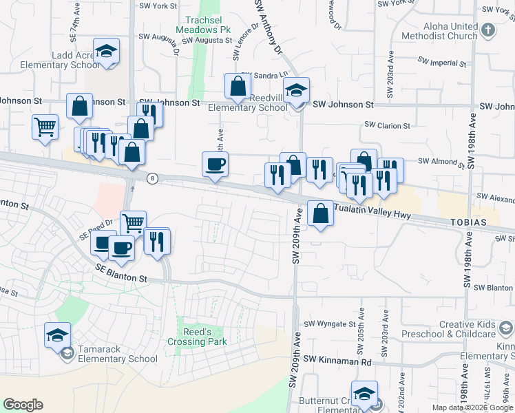 map of restaurants, bars, coffee shops, grocery stores, and more near 3273 Southeast Pillar Lane in Hillsboro