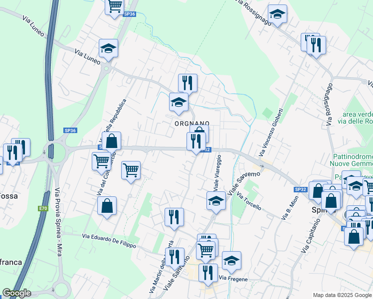 map of restaurants, bars, coffee shops, grocery stores, and more near 252B Via Roma in Spinea