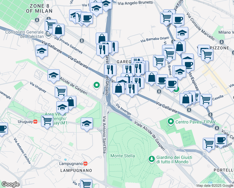 map of restaurants, bars, coffee shops, grocery stores, and more near 1-3 Via Magreglio in Milan