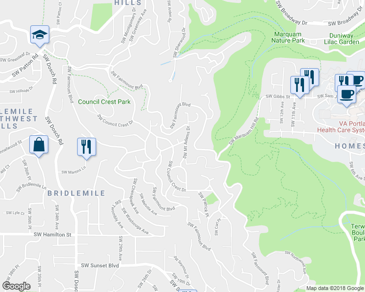 map of restaurants, bars, coffee shops, grocery stores, and more near 3795 Southwest Chehalem Avenue in Portland