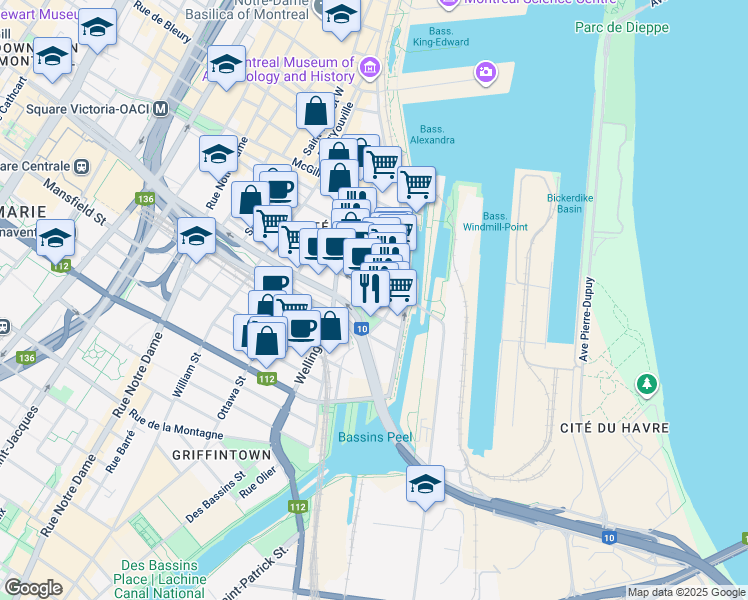 map of restaurants, bars, coffee shops, grocery stores, and more near 801 Rue Brennan in Montréal