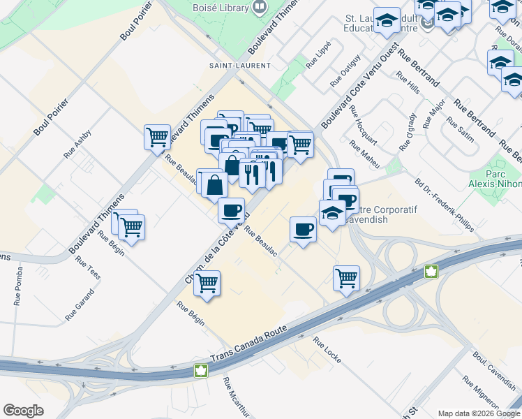 map of restaurants, bars, coffee shops, grocery stores, and more near 3310 Boulevard Cote Vertu Ouest in Montreal