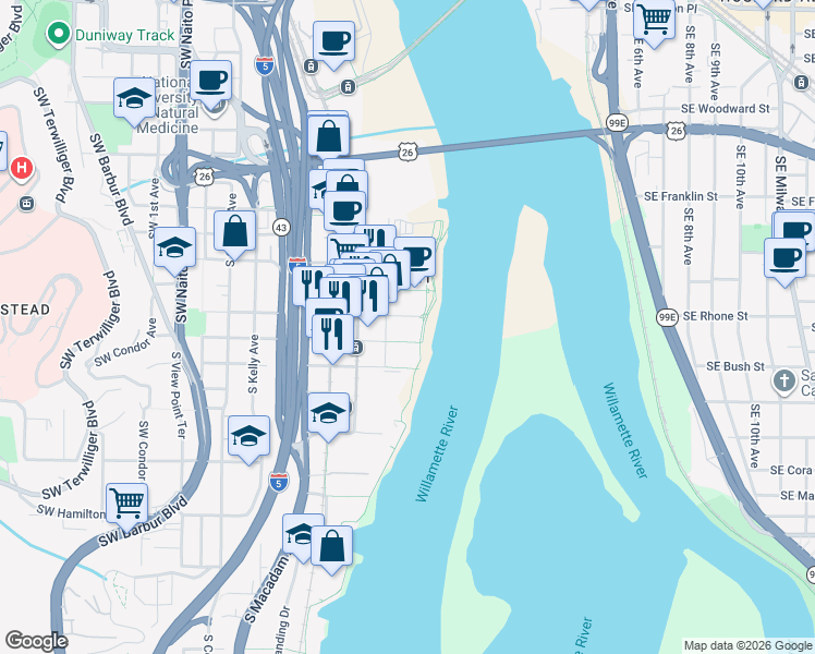 map of restaurants, bars, coffee shops, grocery stores, and more near 3750 South River Parkway in Portland
