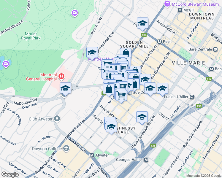 map of restaurants, bars, coffee shops, grocery stores, and more near in Montreal