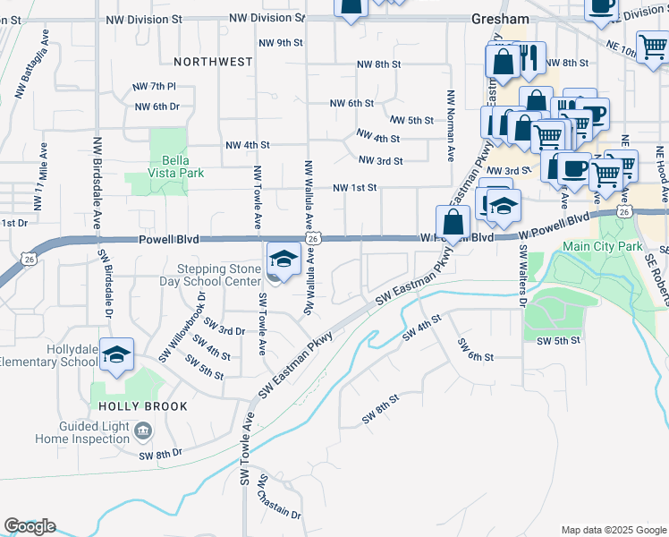 map of restaurants, bars, coffee shops, grocery stores, and more near 1160-1180 Powell Boulevard in Gresham