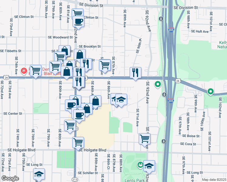 map of restaurants, bars, coffee shops, grocery stores, and more near 3535 Southeast 86th Avenue in Portland