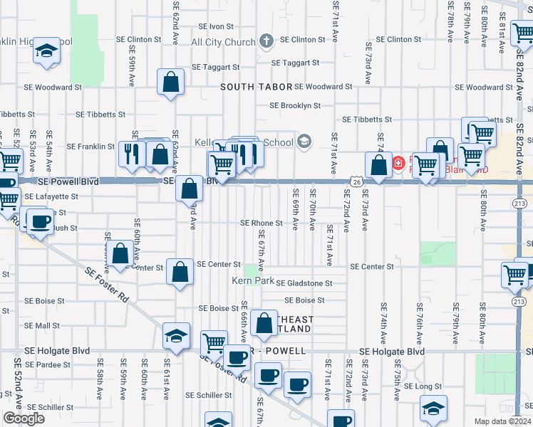 map of restaurants, bars, coffee shops, grocery stores, and more near 3553 Southeast 68th Avenue in Portland