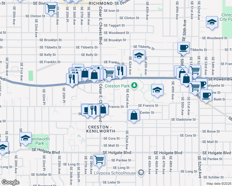 map of restaurants, bars, coffee shops, grocery stores, and more near 3608 Southeast 40th Avenue in Portland