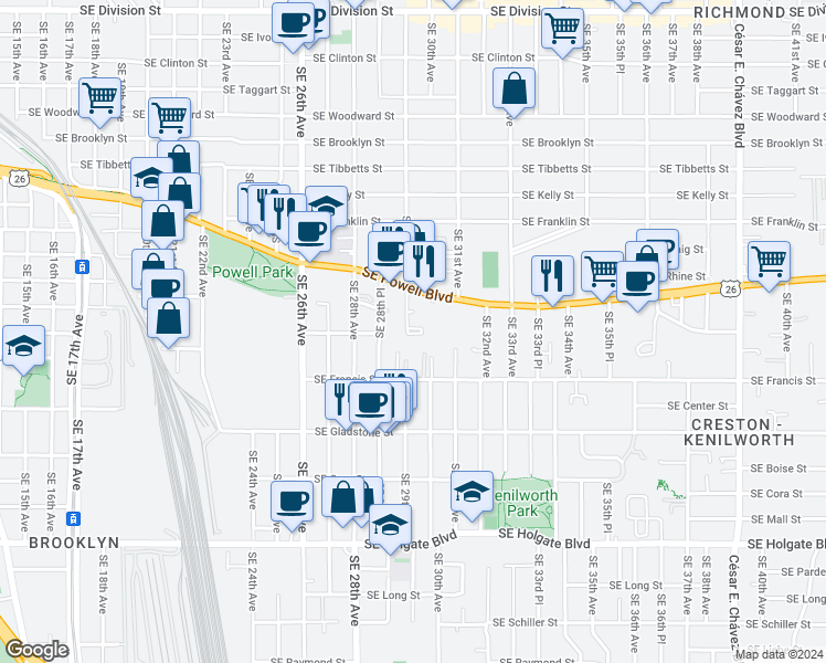 map of restaurants, bars, coffee shops, grocery stores, and more near 3610 Southeast 29th Avenue in Portland
