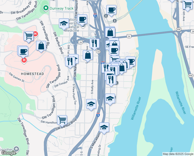 map of restaurants, bars, coffee shops, grocery stores, and more near 312 South Gaines Street in Portland
