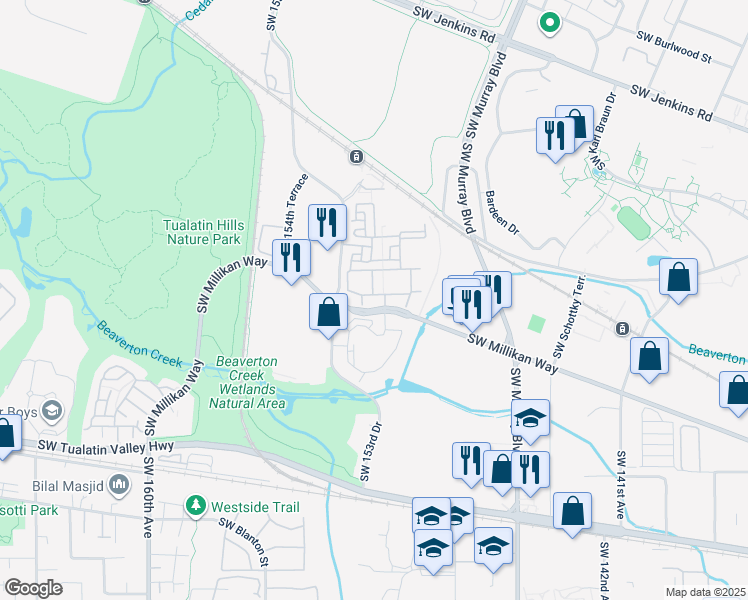 map of restaurants, bars, coffee shops, grocery stores, and more near 15025 Southwest Millikan Way in Beaverton